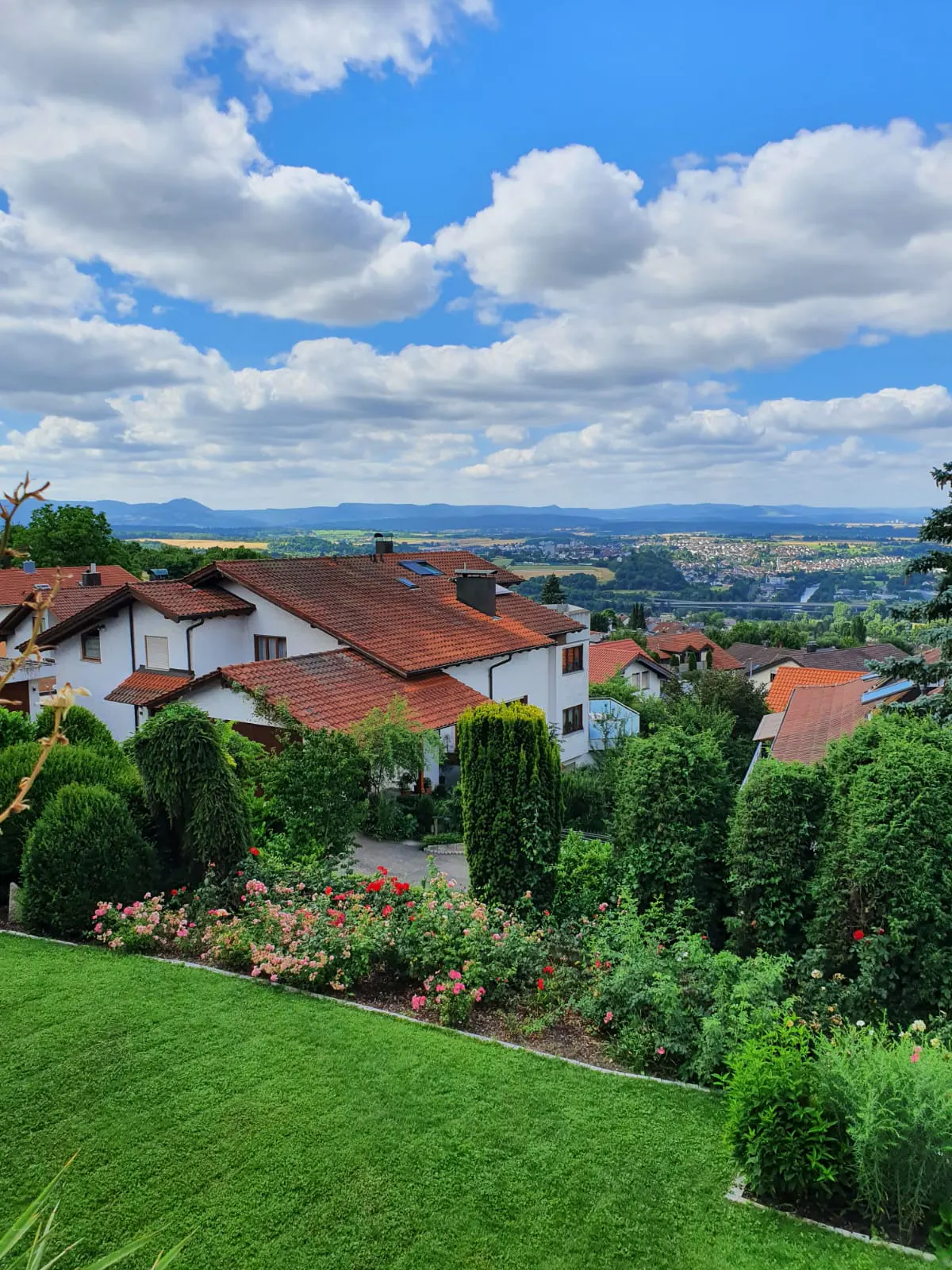 View of houses with red tile roofs, green lawns, and flower gardens under a blue sky with white clouds. Distant city and mountains visible.