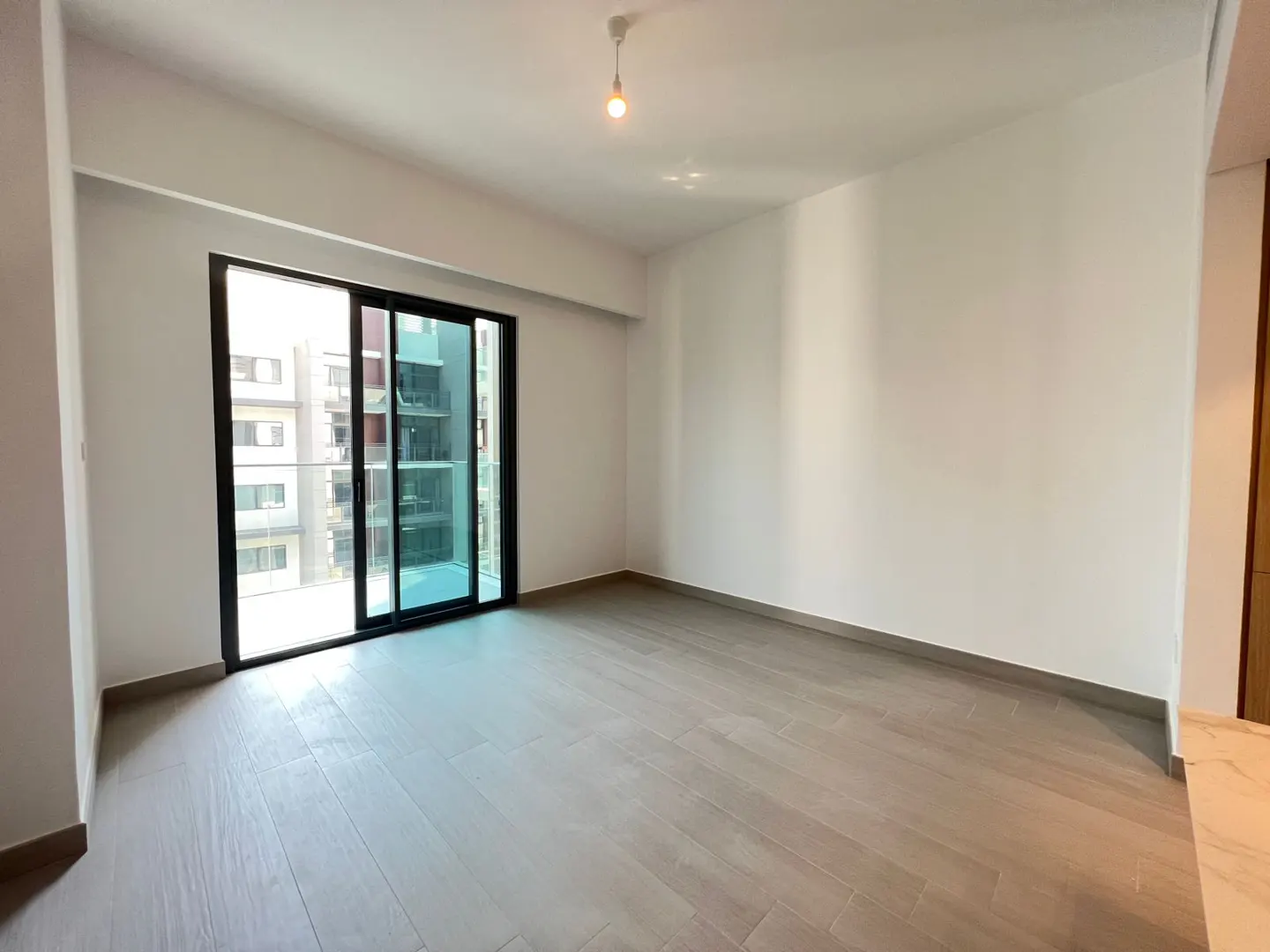 Empty room with white walls and gray wood-look floors. A black-framed sliding glass door leads to a balcony with a view of a building.