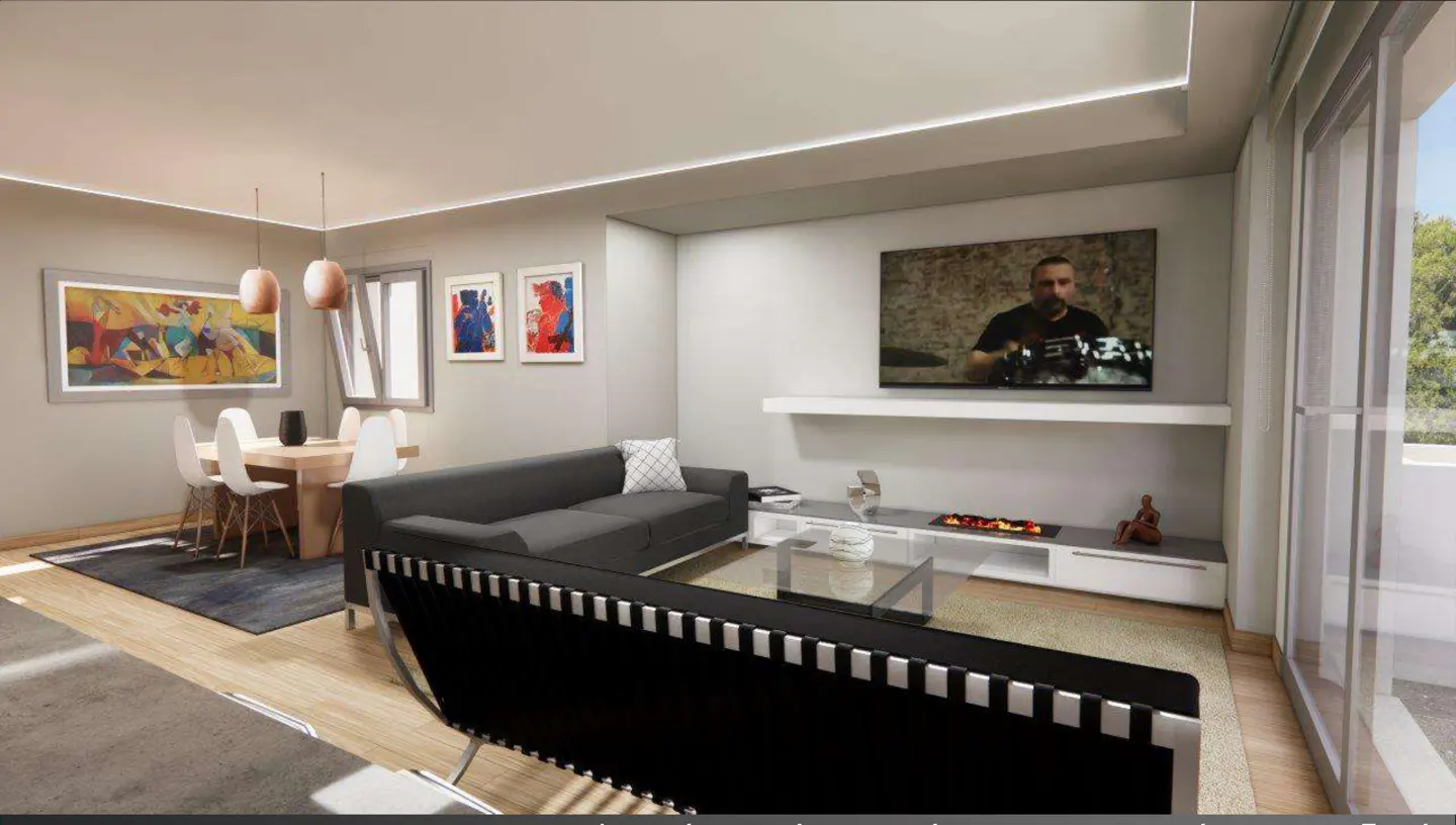 Living room with gray sofa, glass table, TV, and dining area with abstract art. Modern interior design with light wood floors.