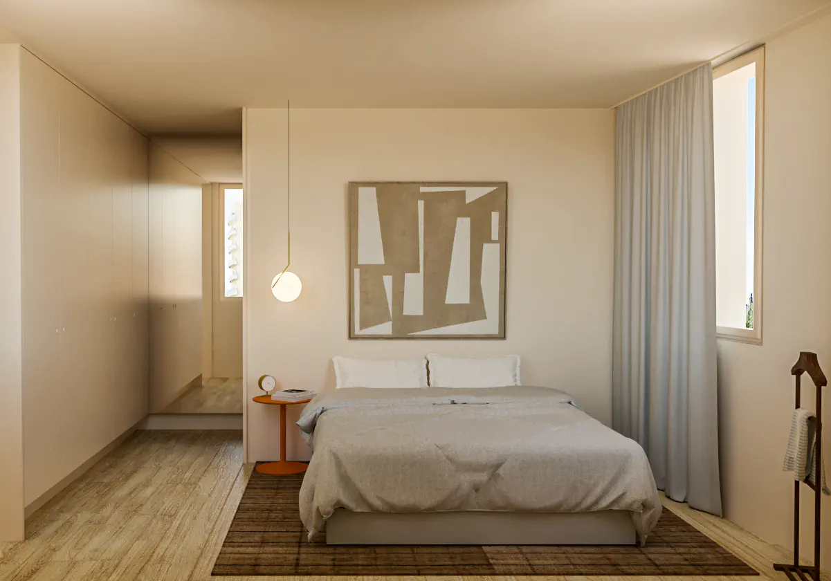 Bedroom with a gray bed, abstract art, and a brown rug. A window with light blue curtains is on the right.