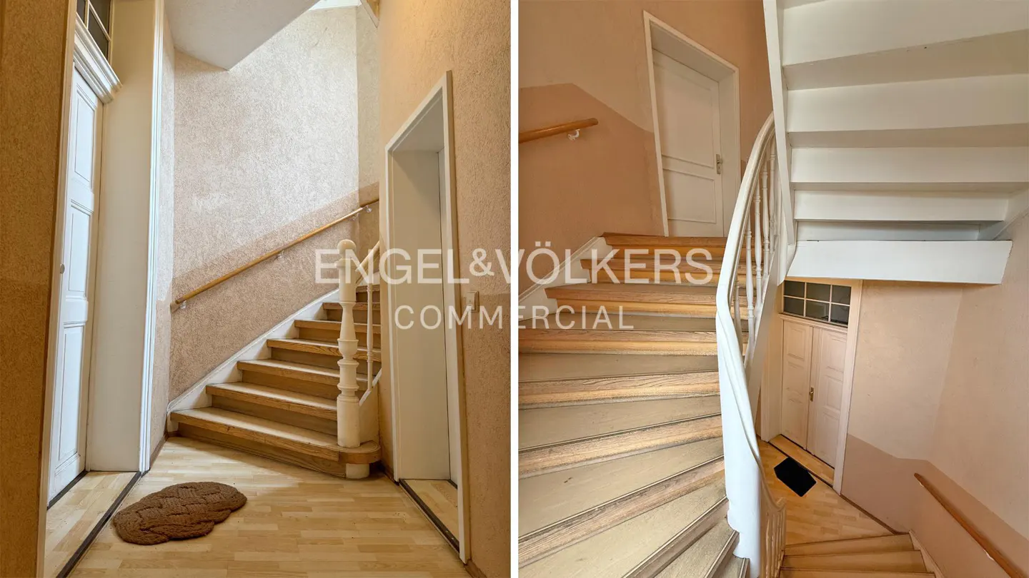 Two-panel image of a staircase. The left panel shows straight stairs, and the right panel shows curved stairs. Both have wooden steps and white railings.