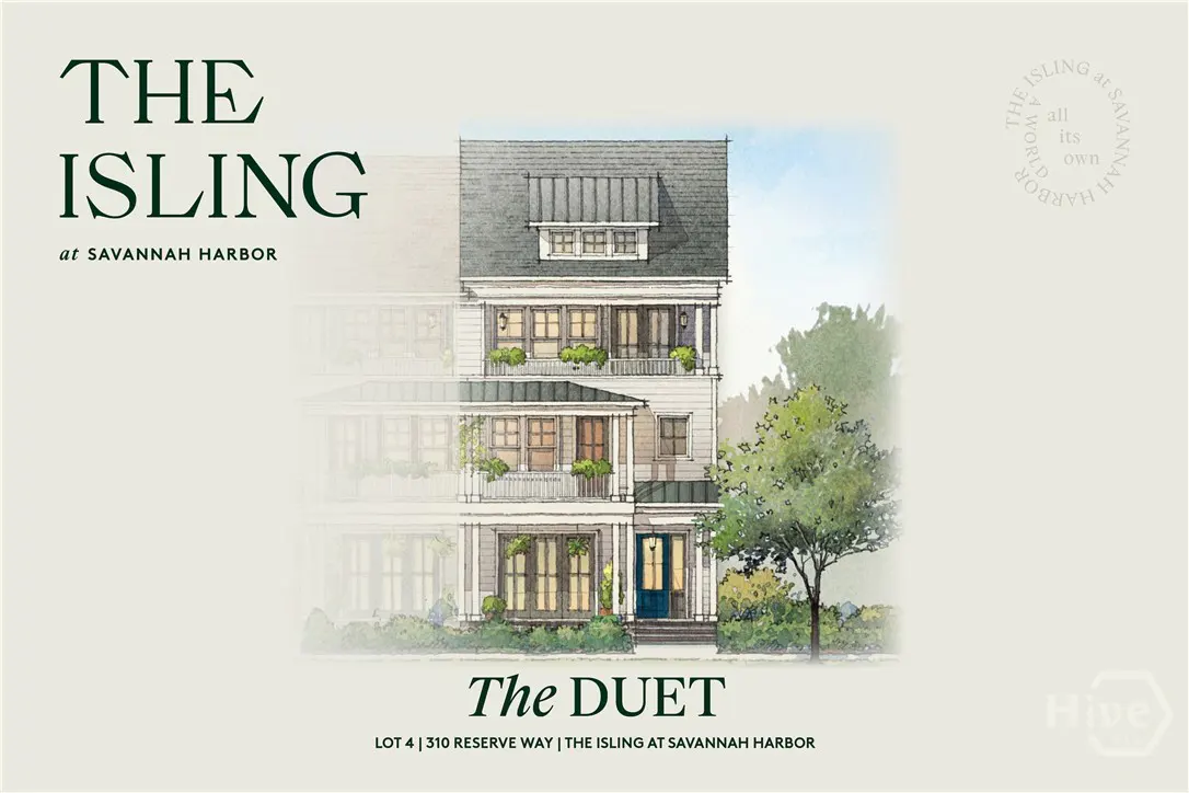 Three-story home rendering with gray siding, a blue front door, and small balconies with greenery. "The Isling at Savannah Harbor" text.