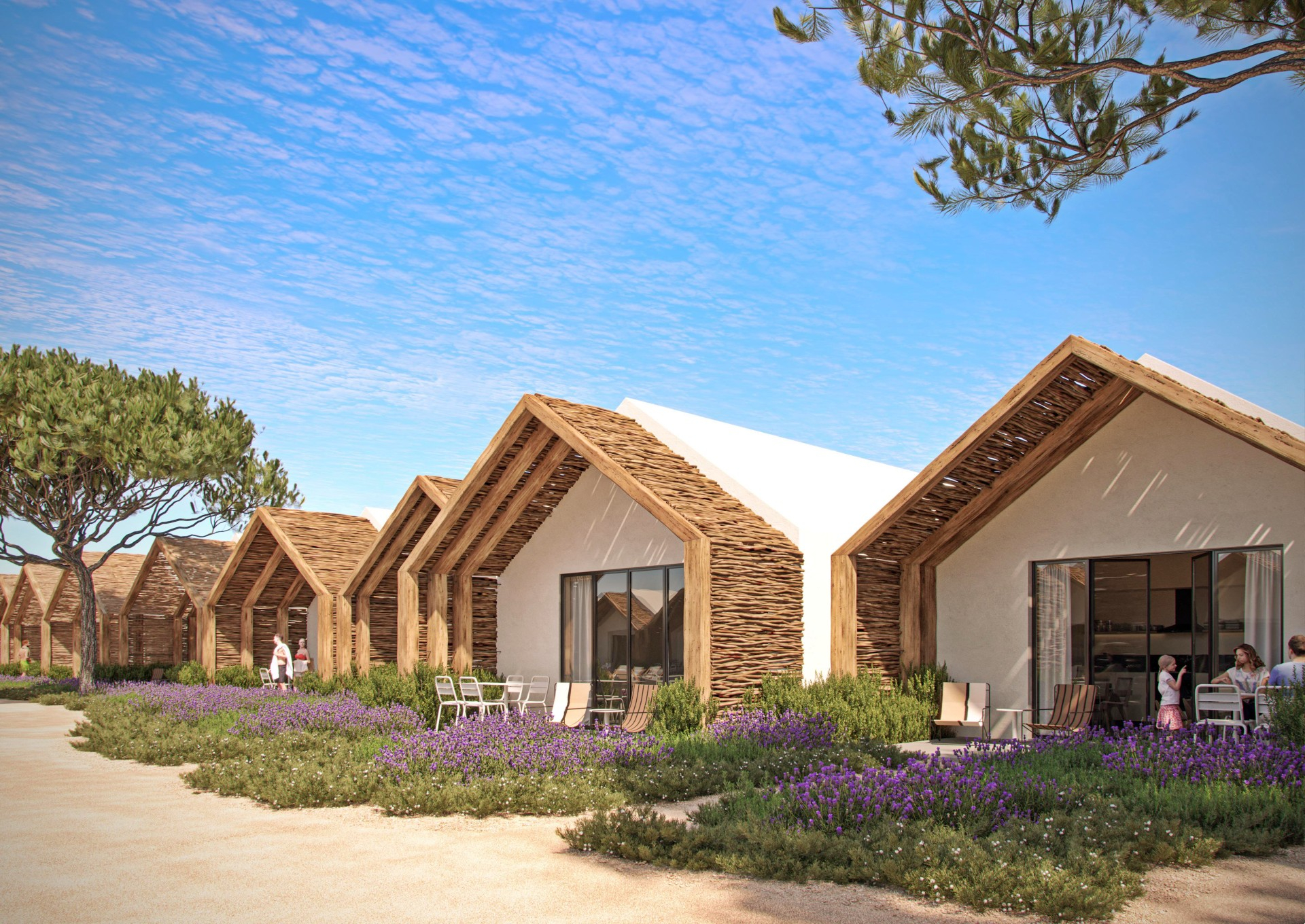 Row of modern villas with white walls, thatched wooden gables, and patios surrounded by purple lavender under a blue sky. [AI-generated text]
