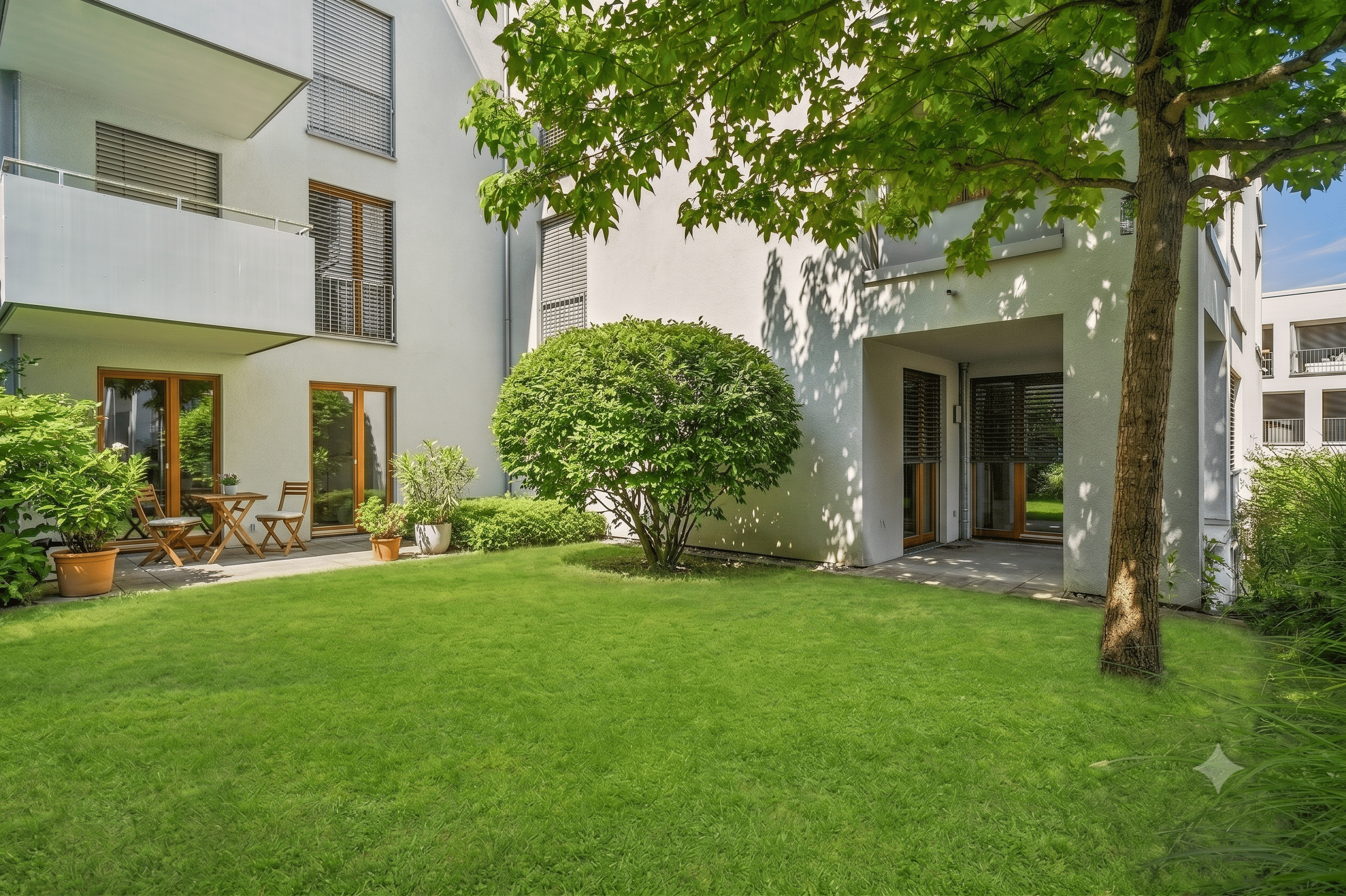 Zeitlose Eleganz trifft auf urbanes Wohnen im Grünen – stilvolle Drei-Zimmer-Wohnung mit Loggia, Terrasse und Gemeinschaftsgarten