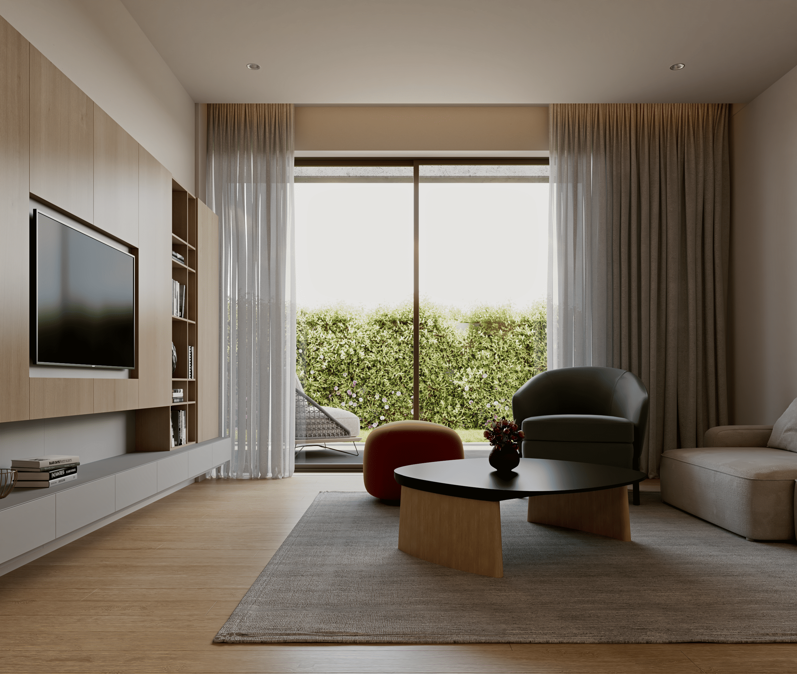 Modern living room with light wood media wall, dark armchair, round coffee table, and sliding doors to a garden patio.