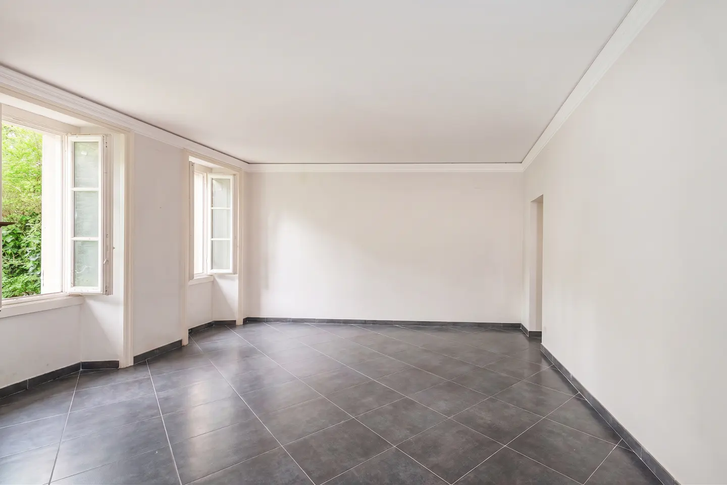 Bright, empty room with white walls, black tile floor, and two open windows showing green foliage outside.