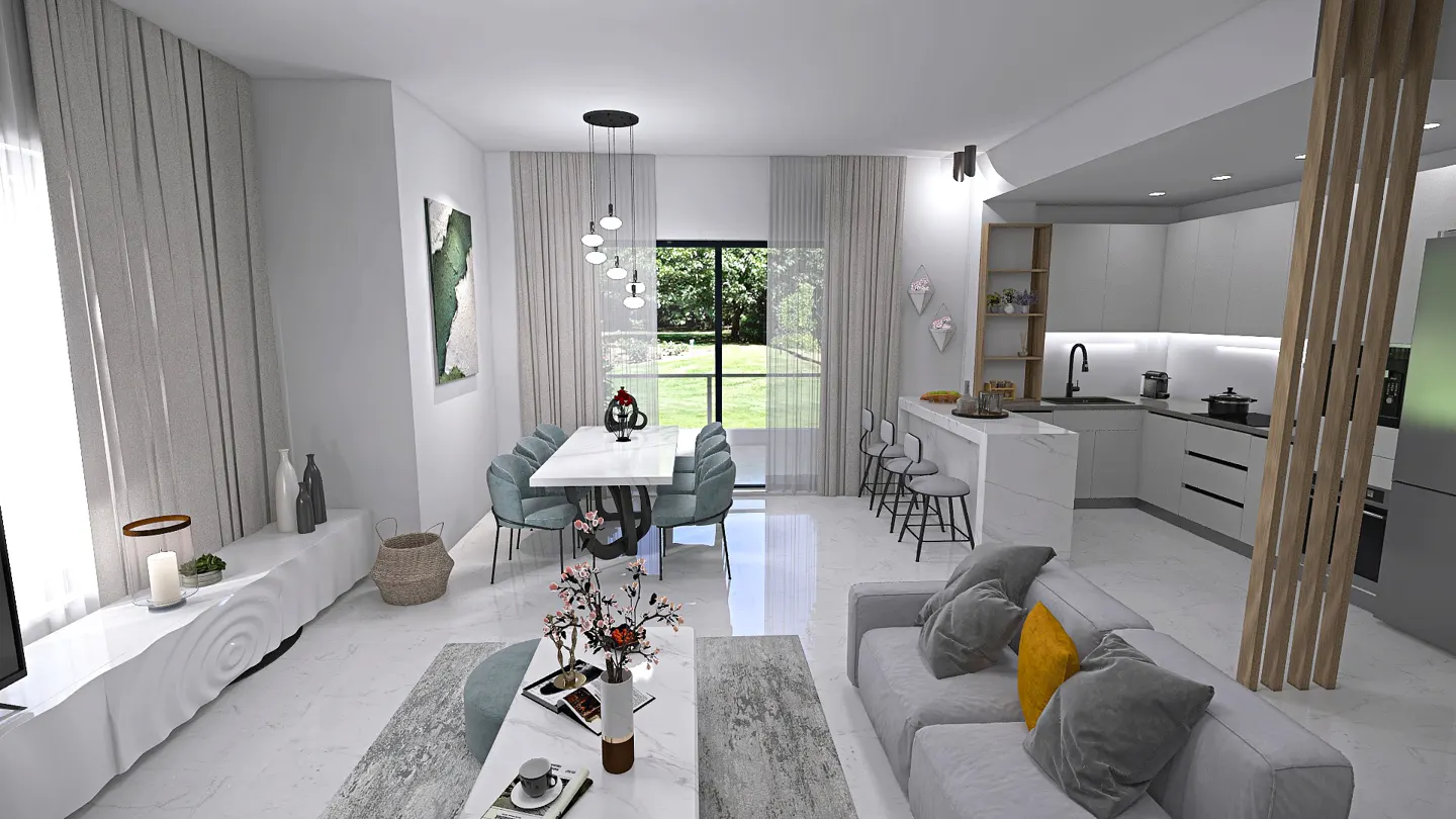 Bright, modern living space with white walls, light gray sofa with yellow pillows, dining table with blue chairs, and white kitchen.