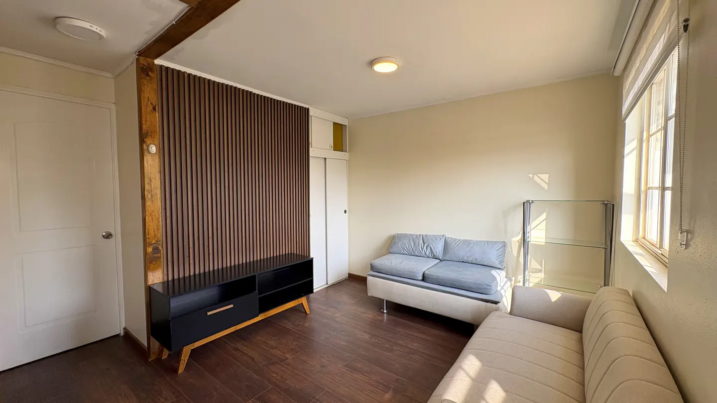 A bright living room with a brown accent wall, a black TV stand, and two sofas. A window lets in natural light.