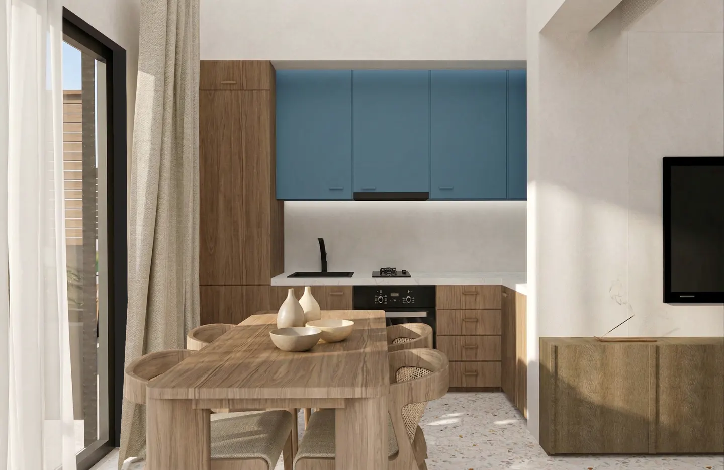 A modern kitchen with blue cabinets, wood accents, and a dining table. A black-framed window is on the left, and a TV is on the right.