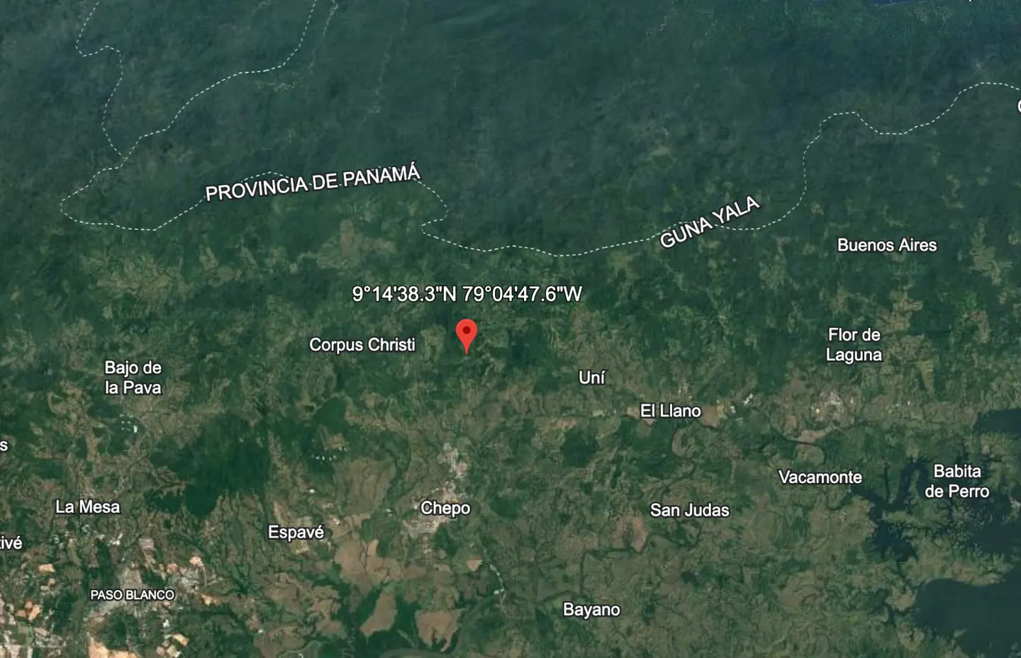 Aerial view of Corpus Christi, Panama, with a red pin marking the location at 9°14'38.3"N 79°04'47.6"W.