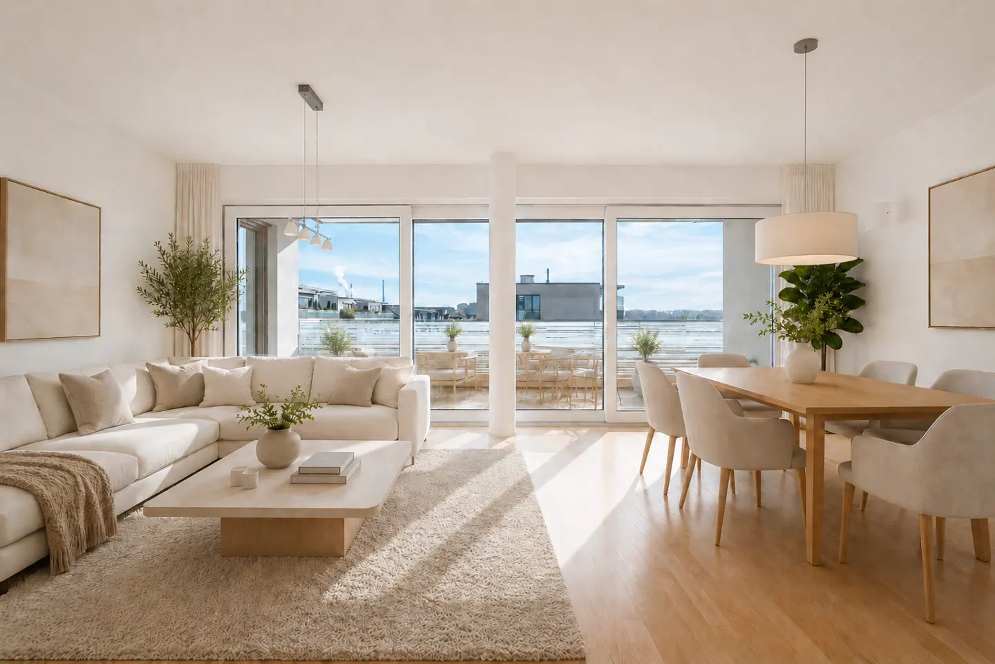 Bright, open-concept living and dining area with a white sectional sofa, light wood table and chairs, and large windows.