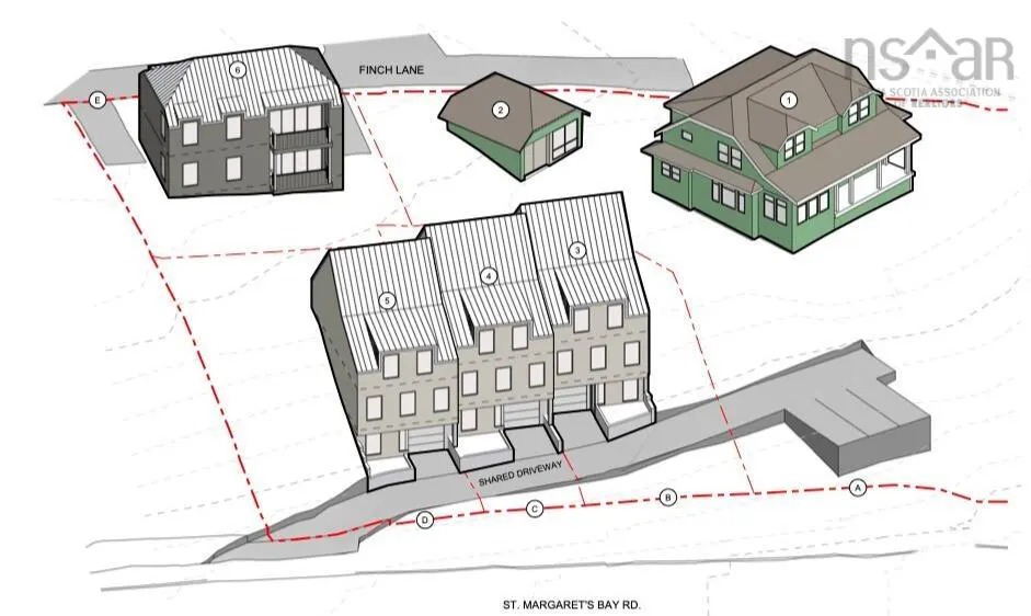 Architectural drawing of five buildings, including three townhouses with a shared driveway, a green house, and a gray house.