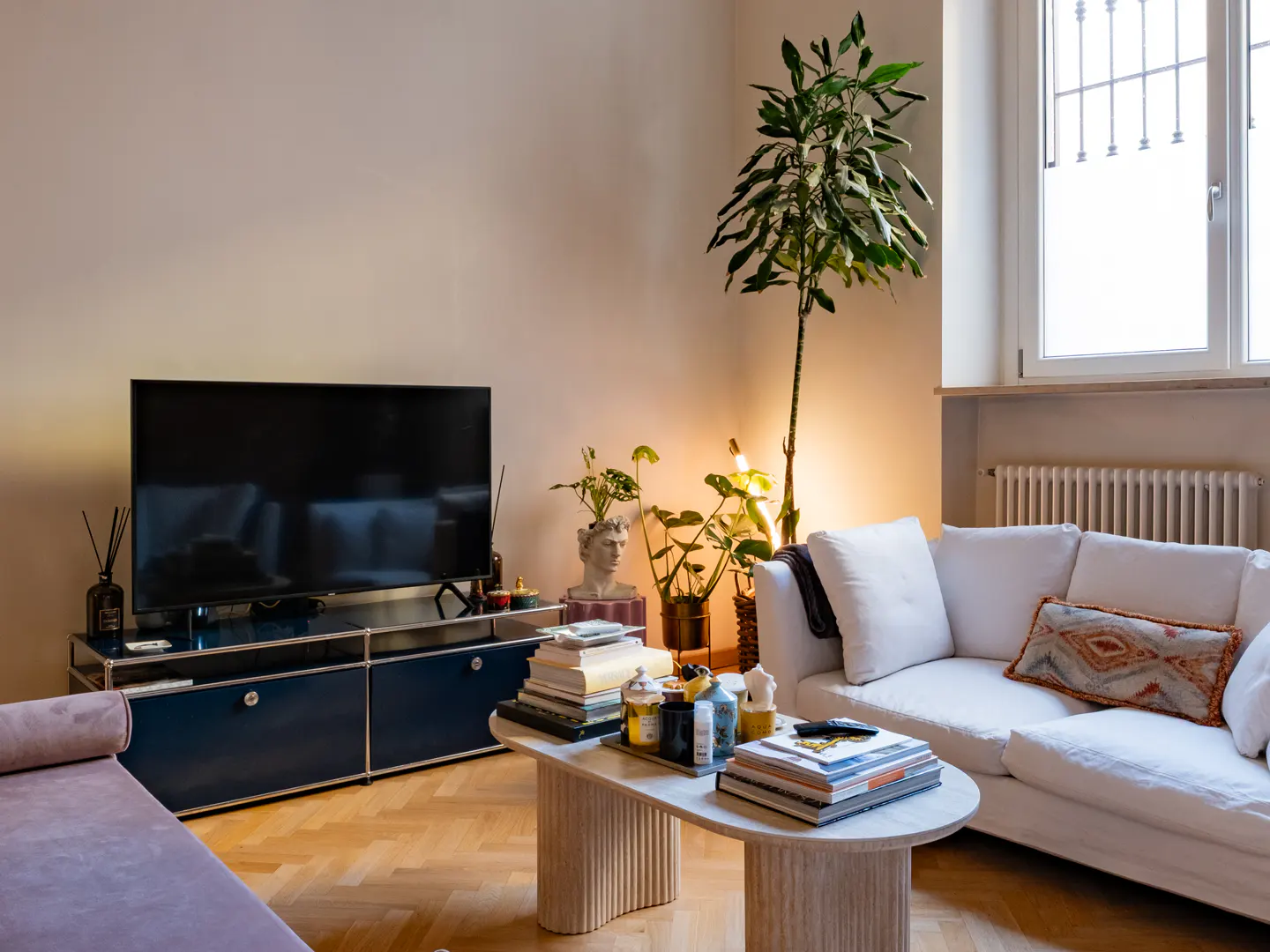 Living room with a white sofa, a blue cabinet with a TV, and a light-colored coffee table with books and decorations. A tall plant stands near the window.