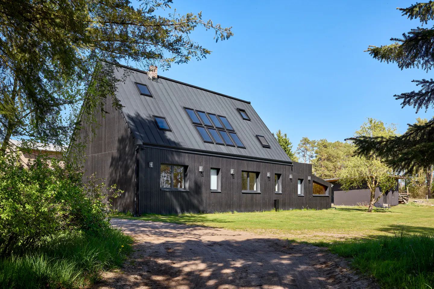 Exterior view of a modern black house with a gray roof and skylights, surrounded by green grass and trees.