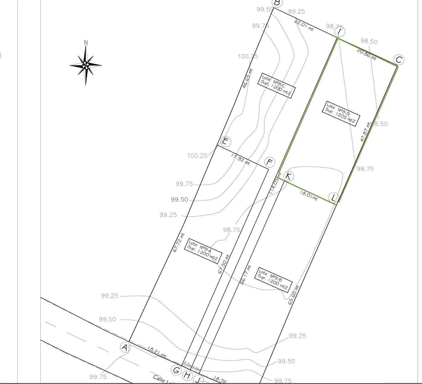 Topographic survey map showing four subdivided land lots with boundary measurements, elevation lines, and a north arrow.