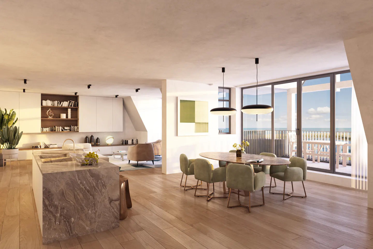 Open-concept living space with a kitchen island, dining table with green chairs, and a living room with a tan sofa. Ocean view through sliding glass doors.