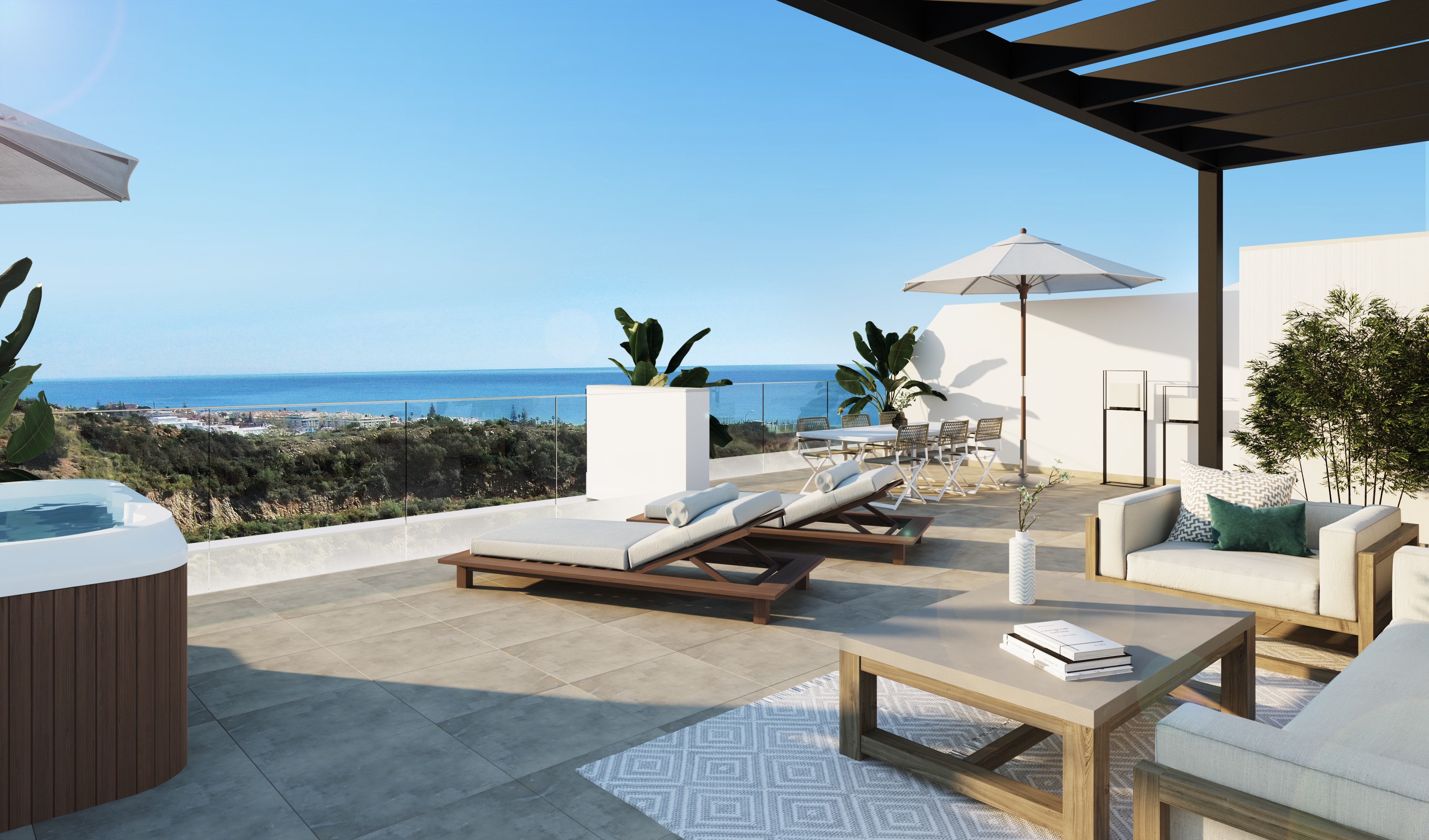 Luxury rooftop terrace with a hot tub, lounge chairs, and outdoor seating overlooking the ocean under a clear blue sky. [AI-generated text]