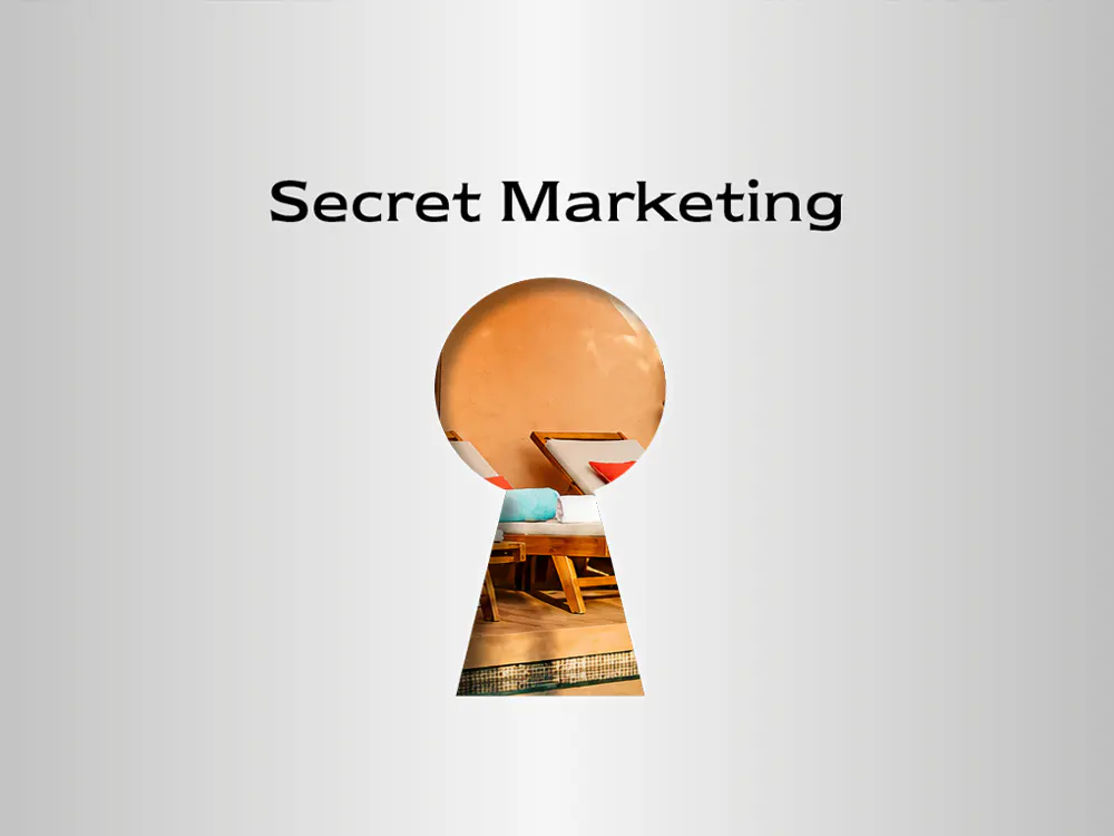 "Secret Marketing" text above a keyhole view of lounge chairs with orange walls.