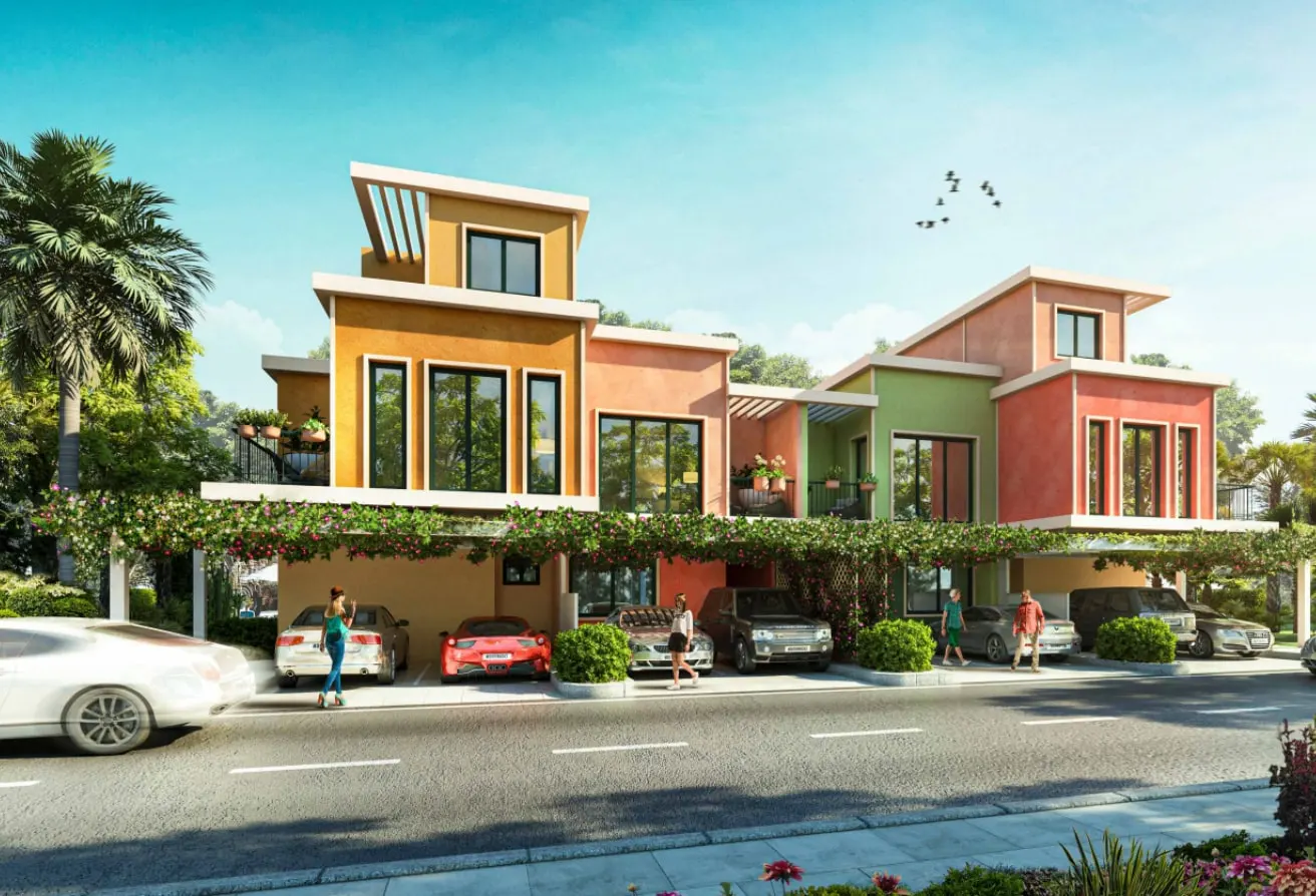 Colorful modern townhouses with carports covered in vines. Cars are parked in front, and people are walking on the street.