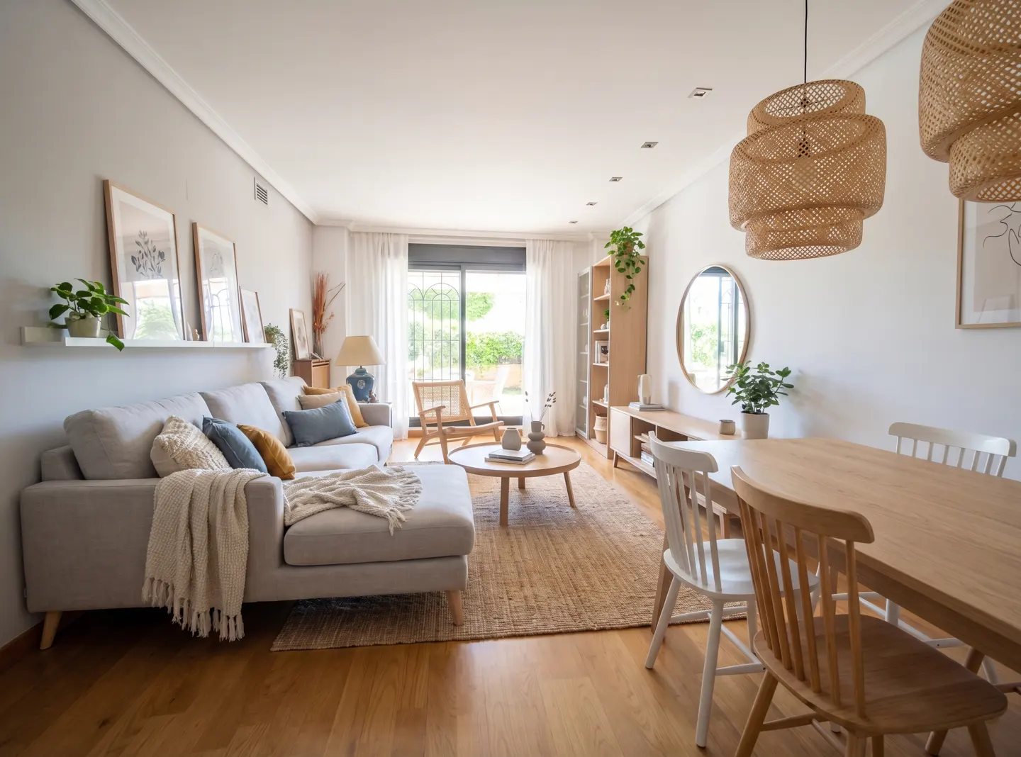 Bright living room with a gray sectional sofa, wood floors, and a jute rug. A dining table with chairs sits near woven pendant lights.