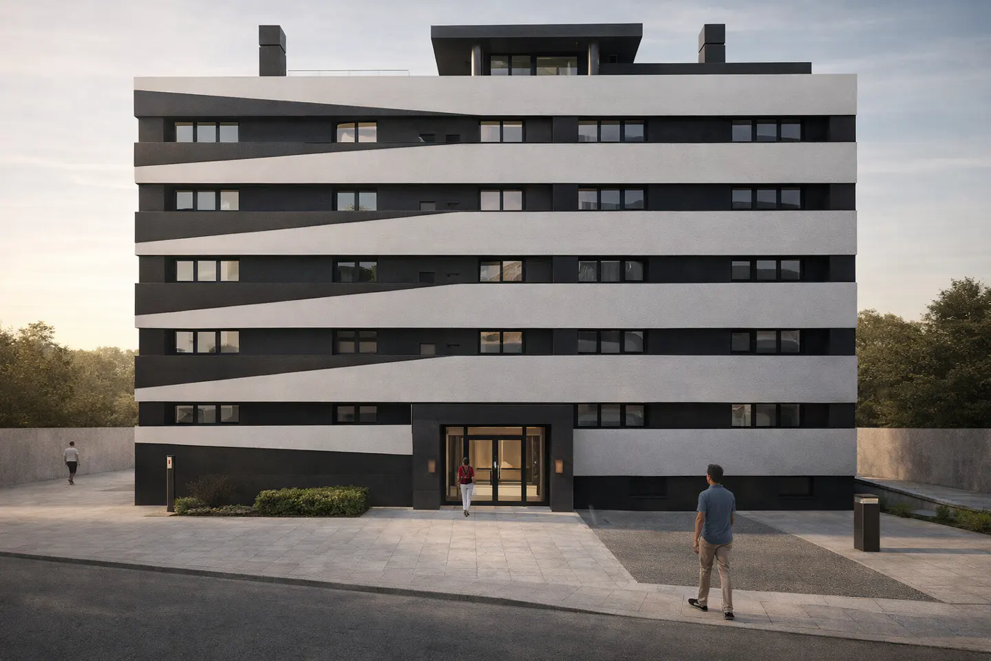 Modern apartment building with black and white horizontal stripes. People walk towards the entrance.