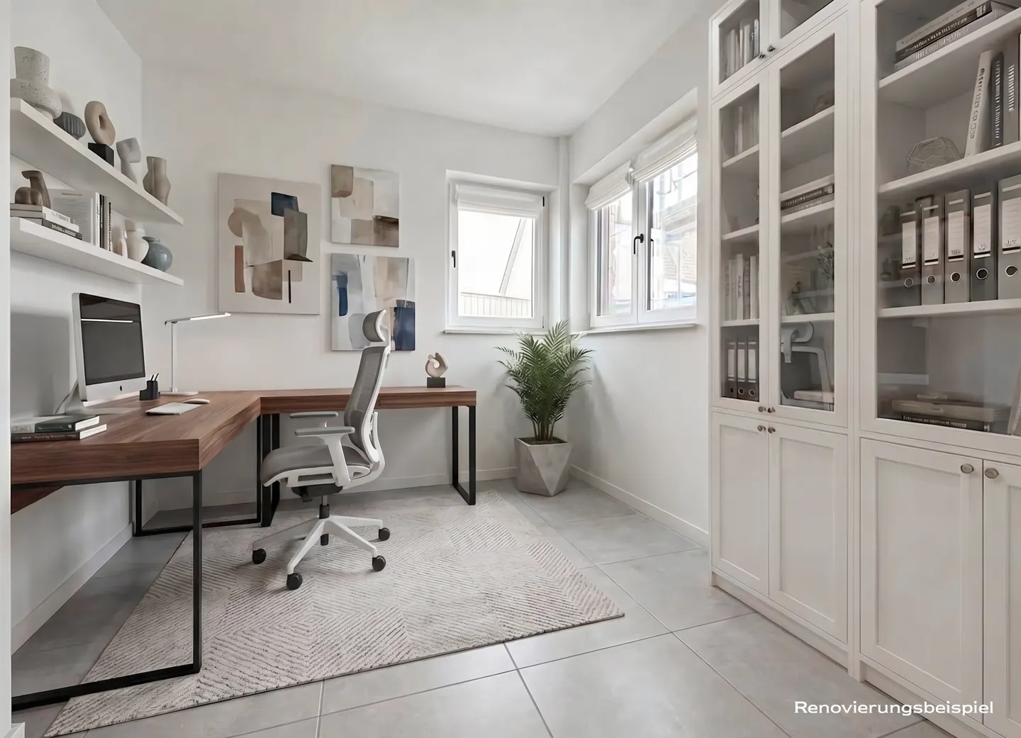 Bright home office with a wood desk, gray chair, and white bookcase filled with books and binders. A plant sits near the window.