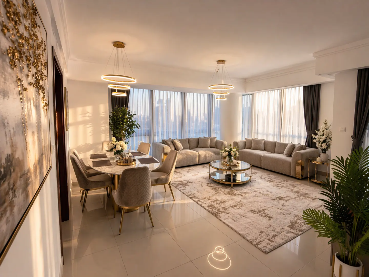 Bright, modern living room with beige sofas, round glass tables, and a dining area with marble table and velvet chairs. Large windows with sheer curtains.