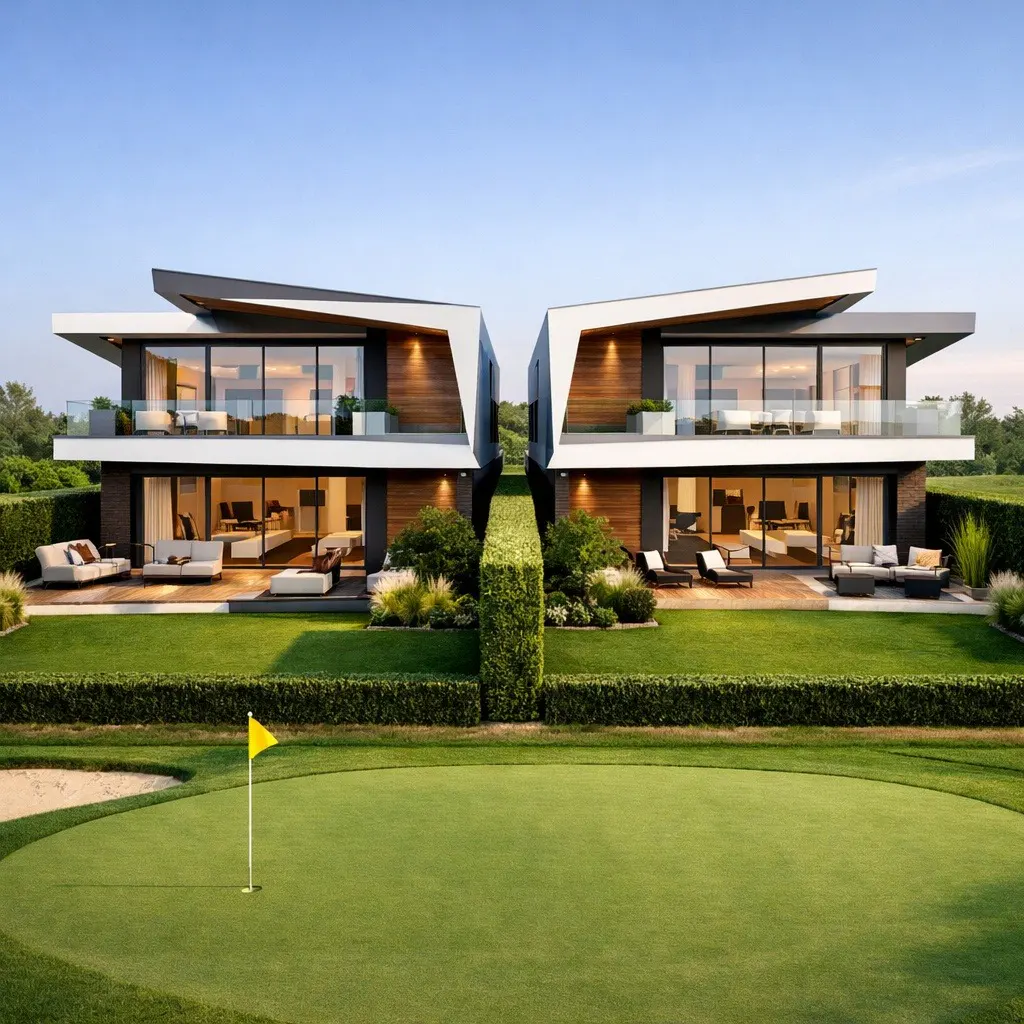Two modern, two-story homes face each other over a green lawn and putting green with a yellow flag. Each has a patio with furniture.