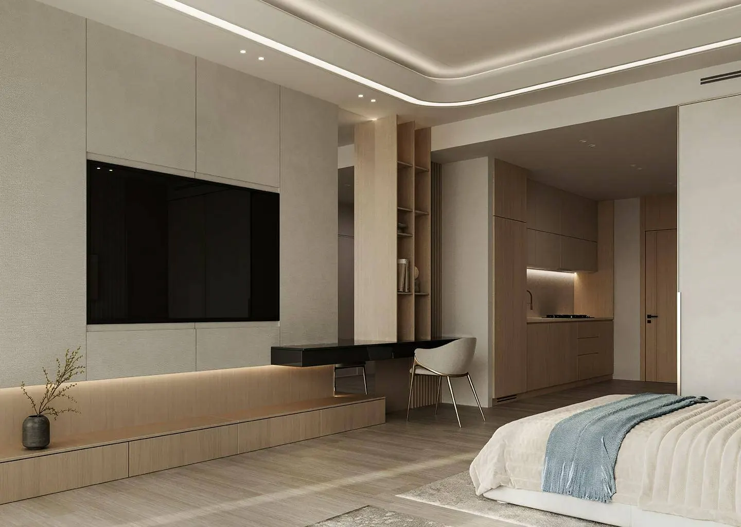 A modern studio apartment with a TV, desk, and kitchen. The bed has a blue throw. The color palette is neutral.