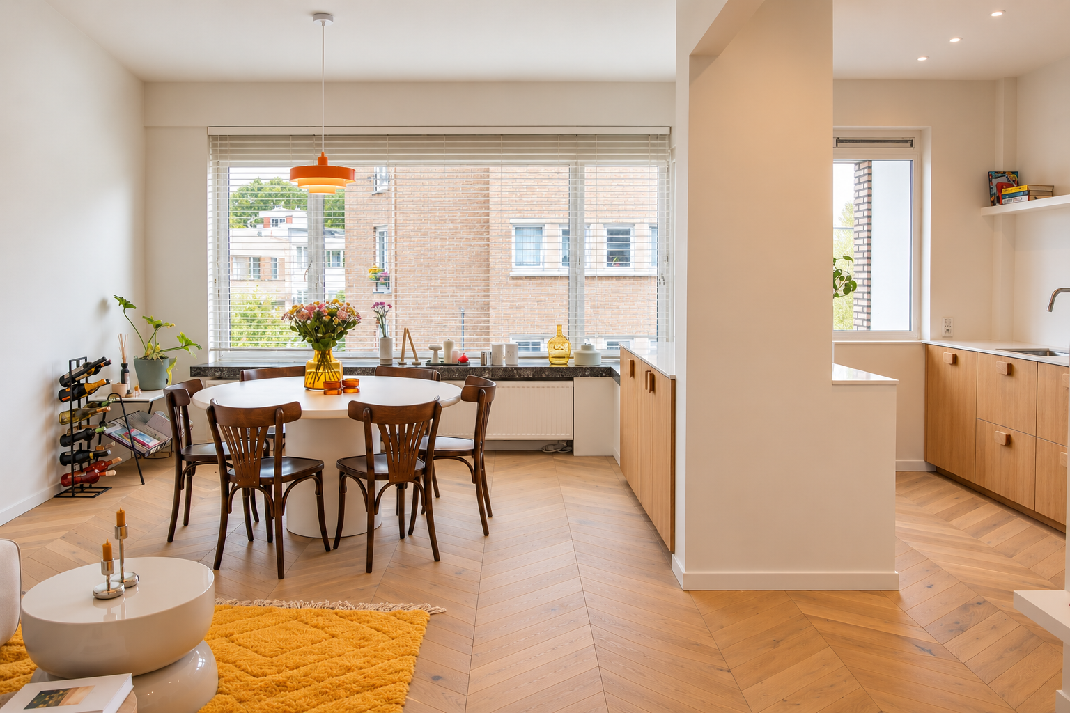 Bright dining area with a round table, wooden chairs, herringbone floors, and an open kitchen with light wood cabinets. [AI-generated text]