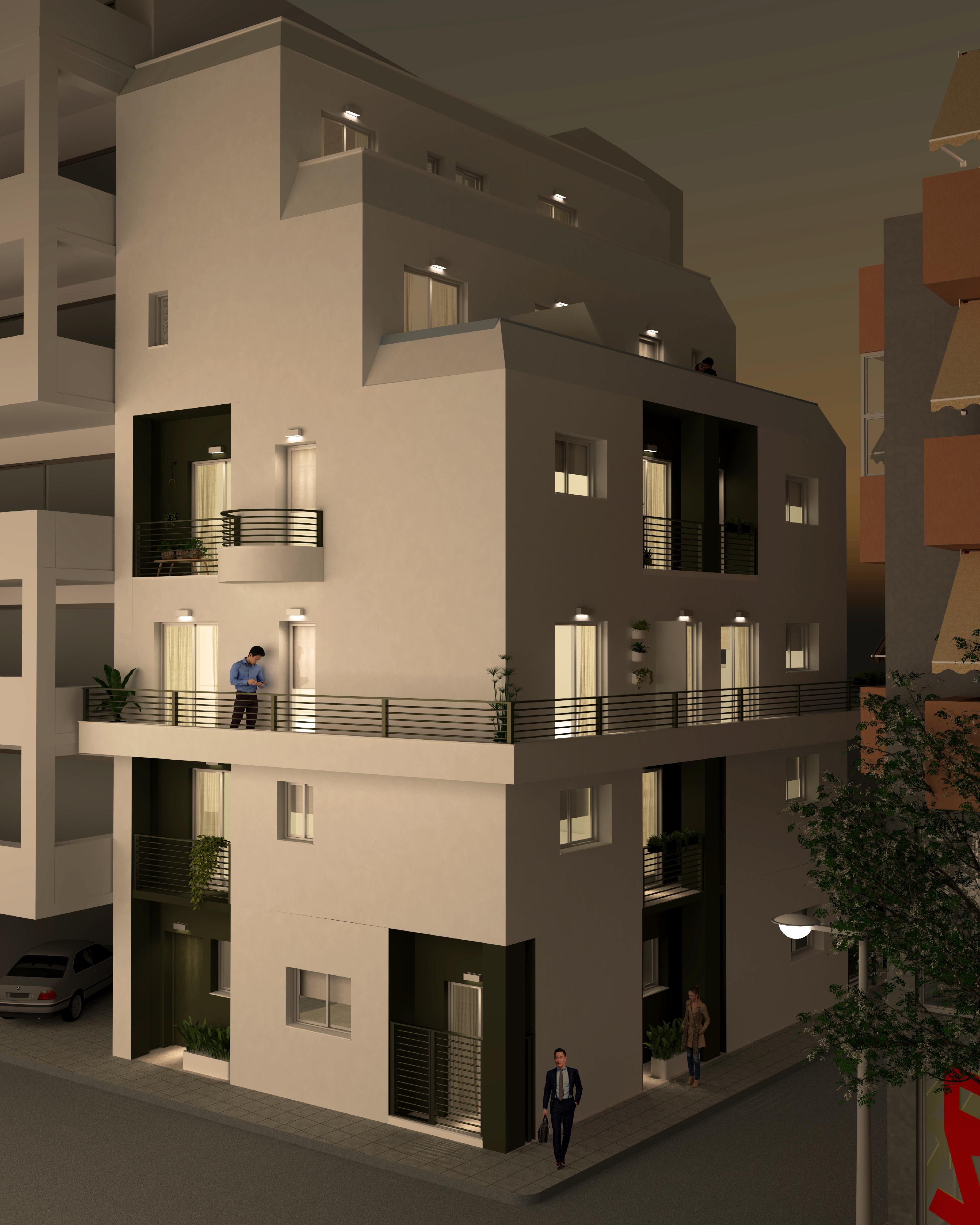 Exterior view of a modern white apartment building with balconies and dark green accents at dusk.