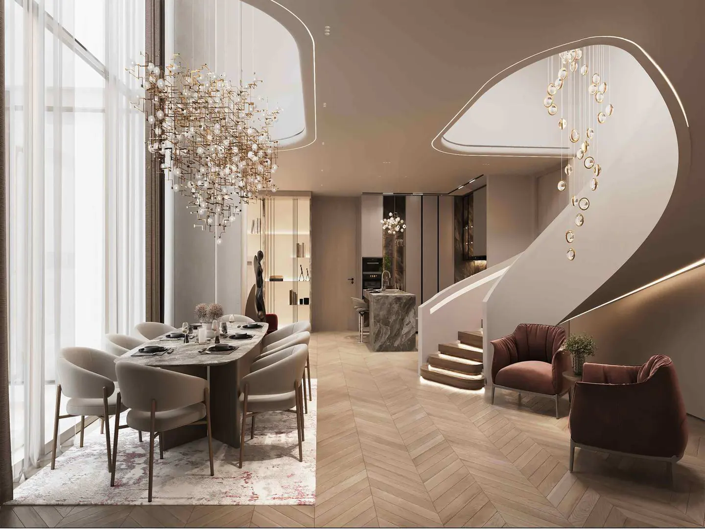 A modern home interior with a dining table, chairs, and a large chandelier. A staircase leads to the upper level with armchairs.