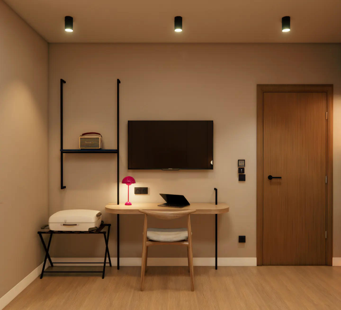 Modern hotel room with a desk, chair, wall-mounted TV, luggage rack, and a bright pink lamp against beige walls.