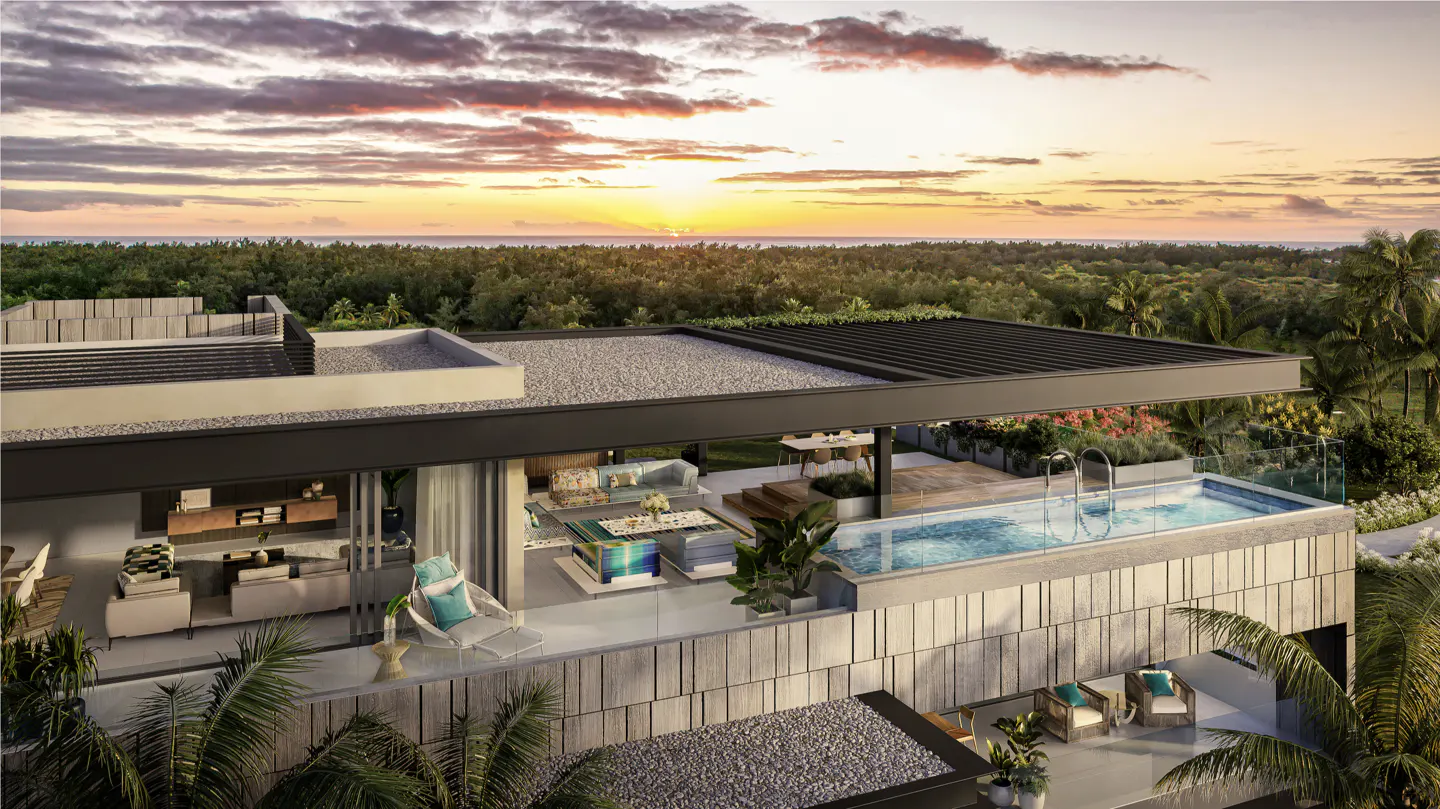 Aerial view of a luxury rooftop terrace with a pool, lounge area, and sunset backdrop. Palm trees frame the scene.