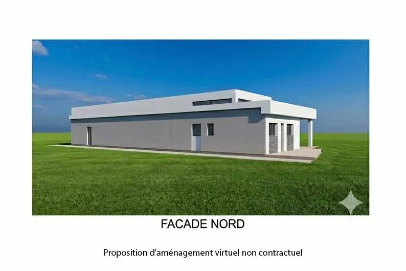 Modern, one-story home with a gray facade and white trim, set on a green lawn under a blue sky.