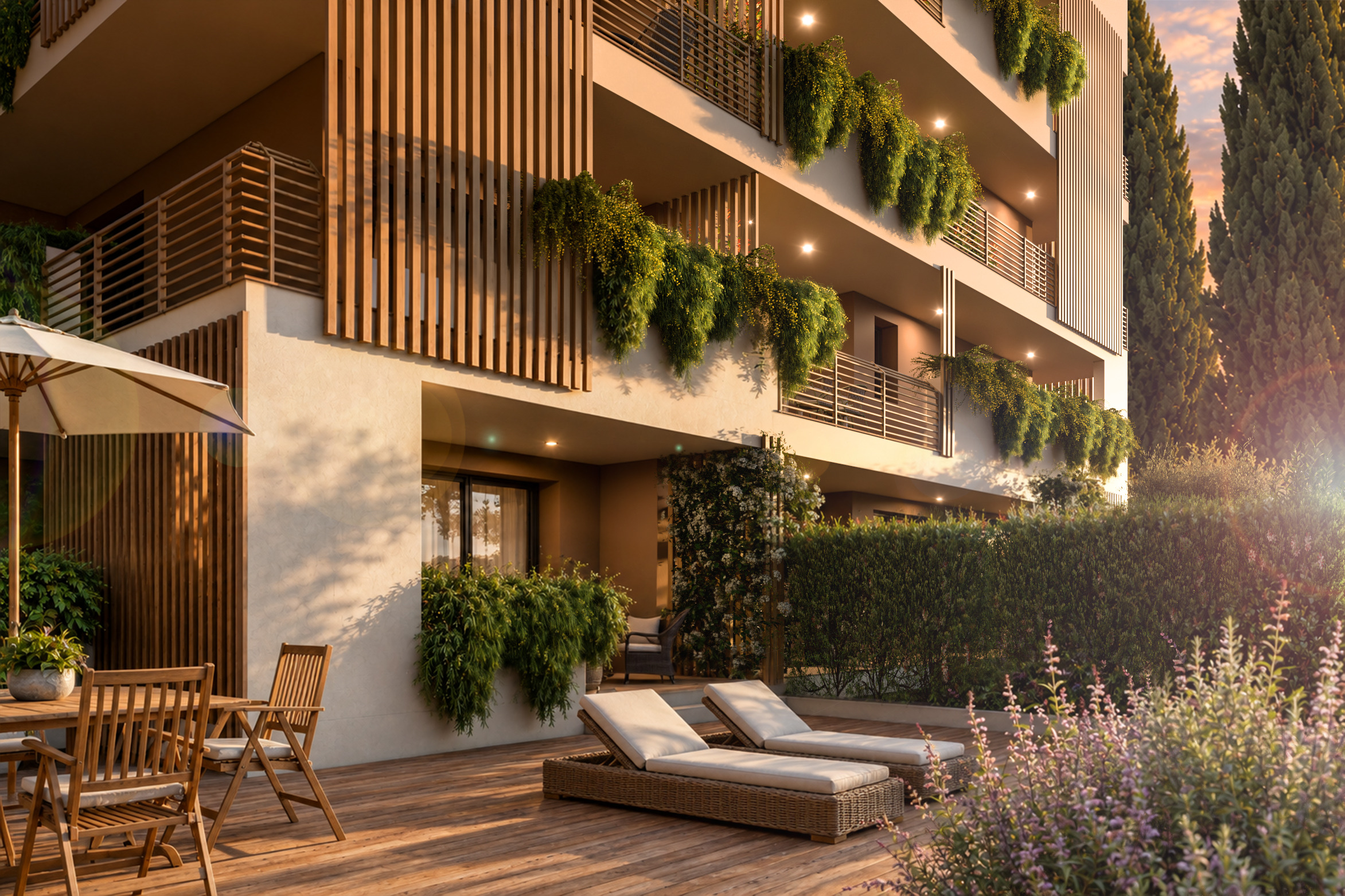 Newly built apartment with a garden.