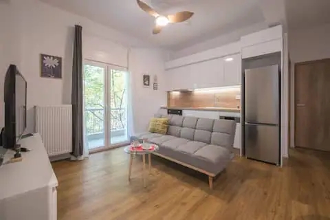 A bright studio apartment with a gray sofa, white cabinets, and a stainless steel refrigerator. A ceiling fan is visible.
