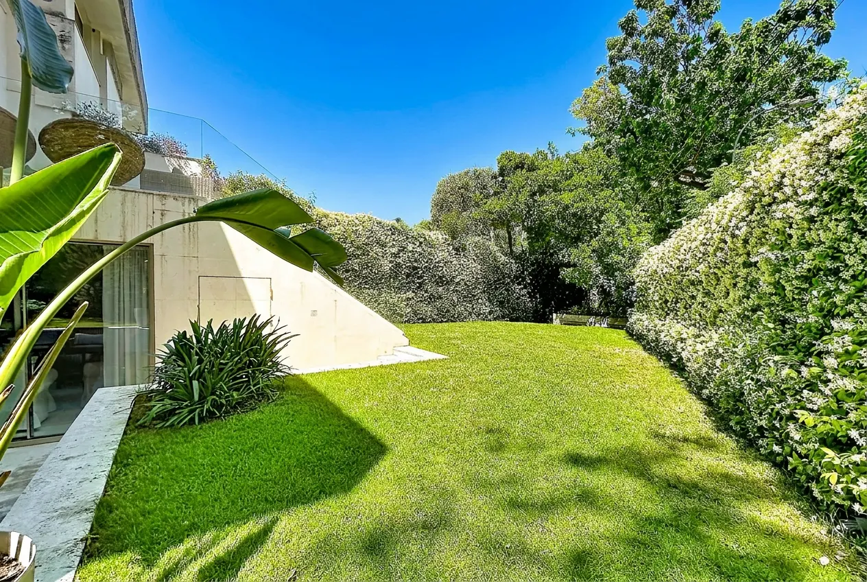 A sunny backyard with a green lawn, lush trees, and a modern building with a glass railing.