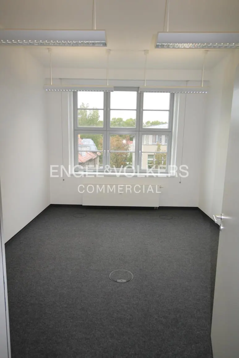 Empty office space with gray carpet, white walls, and a large window showing buildings and trees outside. Overhead lighting is visible.