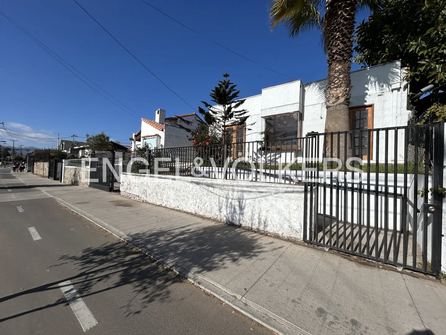 Exterior view of a white house with a black metal fence and a palm tree on a sunny day.