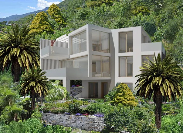 Modern white house with large windows, surrounded by lush green trees and palm trees. A person stands on the balcony.