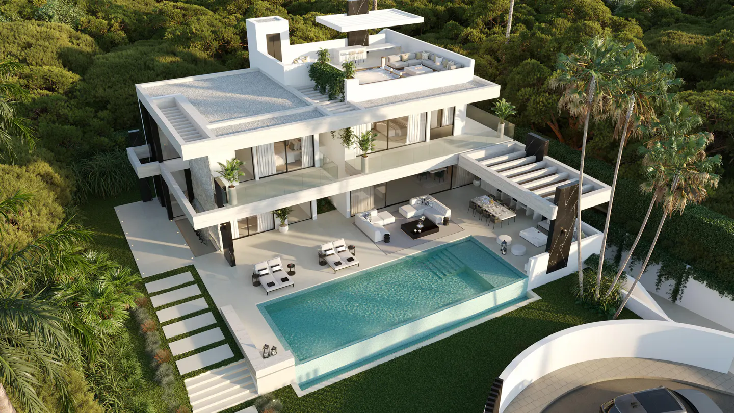 Aerial view of a modern, white, multi-story house with a pool, patio furniture, and lush green trees surrounding the property.