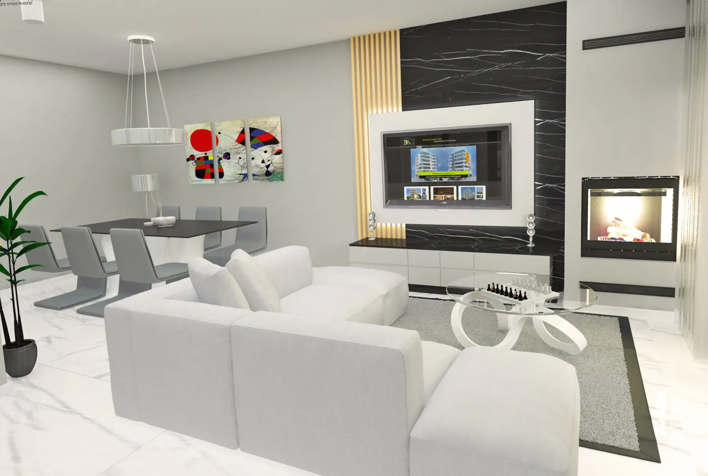 Bright living room with white sectional sofa, dining table, TV, and fireplace. Marble accents and modern art add style.
