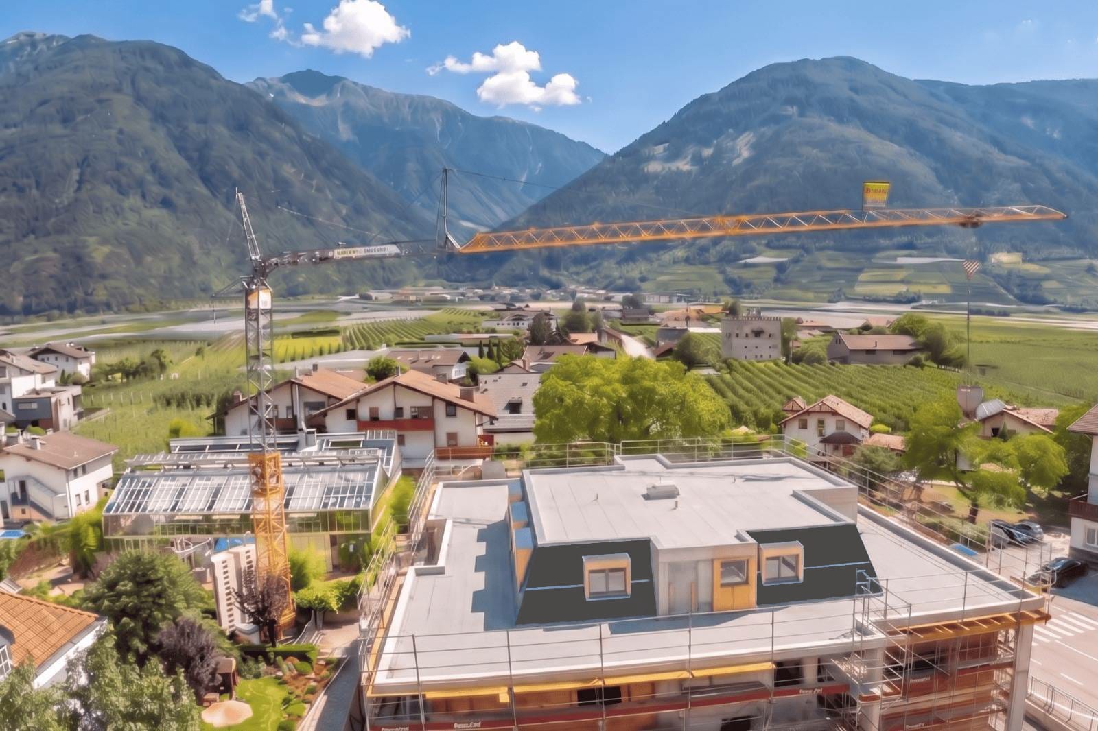 Aerial view of a building under construction with scaffolding, a yellow crane, and mountains in the background.
