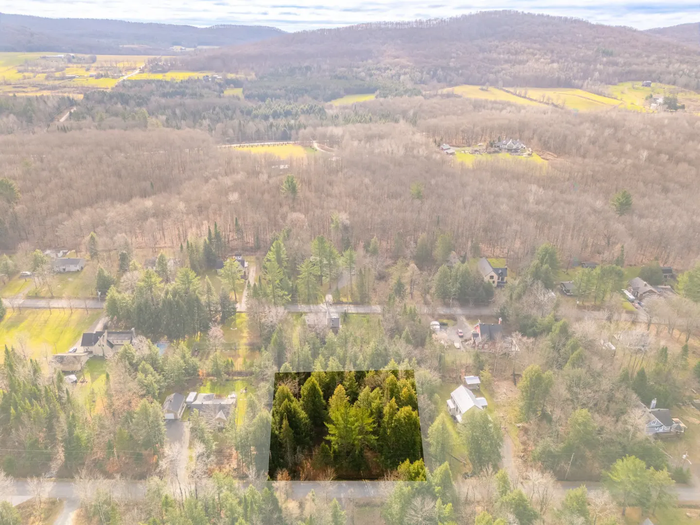 Aerial view of a wooded lot for sale, surrounded by homes and trees. Mountains are visible in the background.