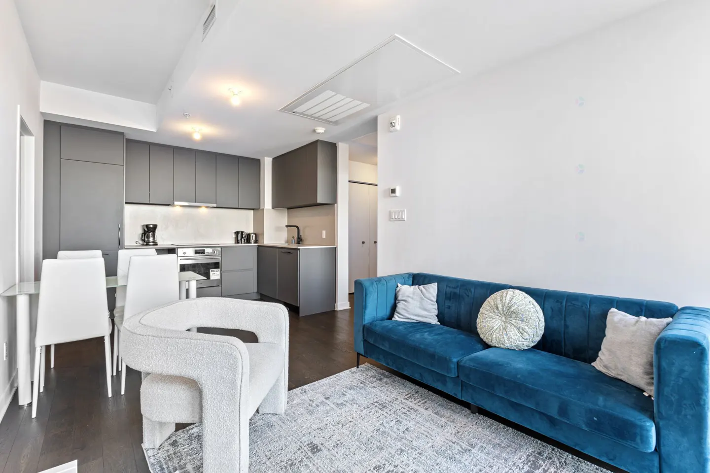 Modern open-concept living area with a blue velvet sofa, white accent chair, dining set, and grey kitchen cabinetry.