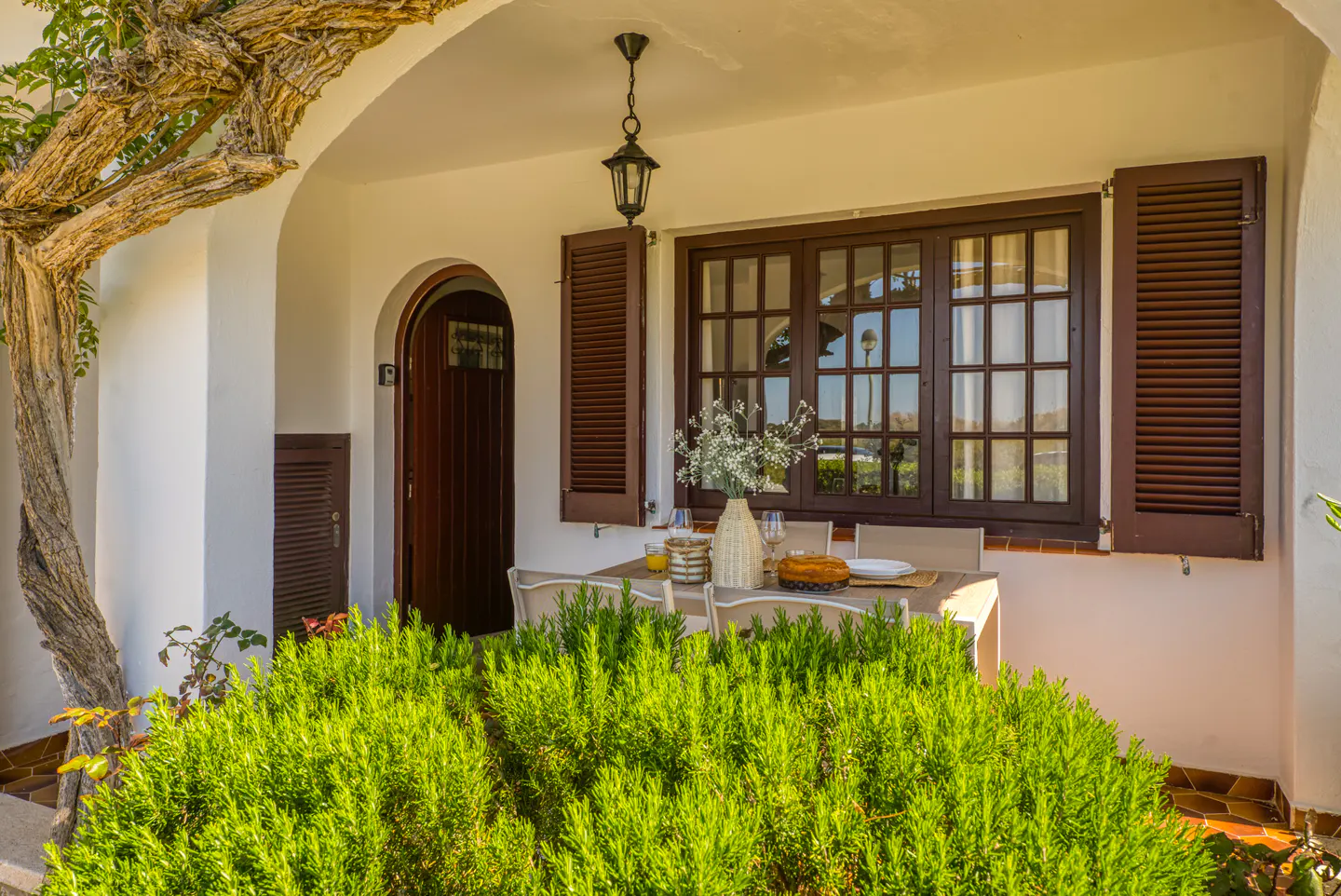 Outdoor patio with a table set for a meal, brown shutters, and a tree arching over the entrance.
