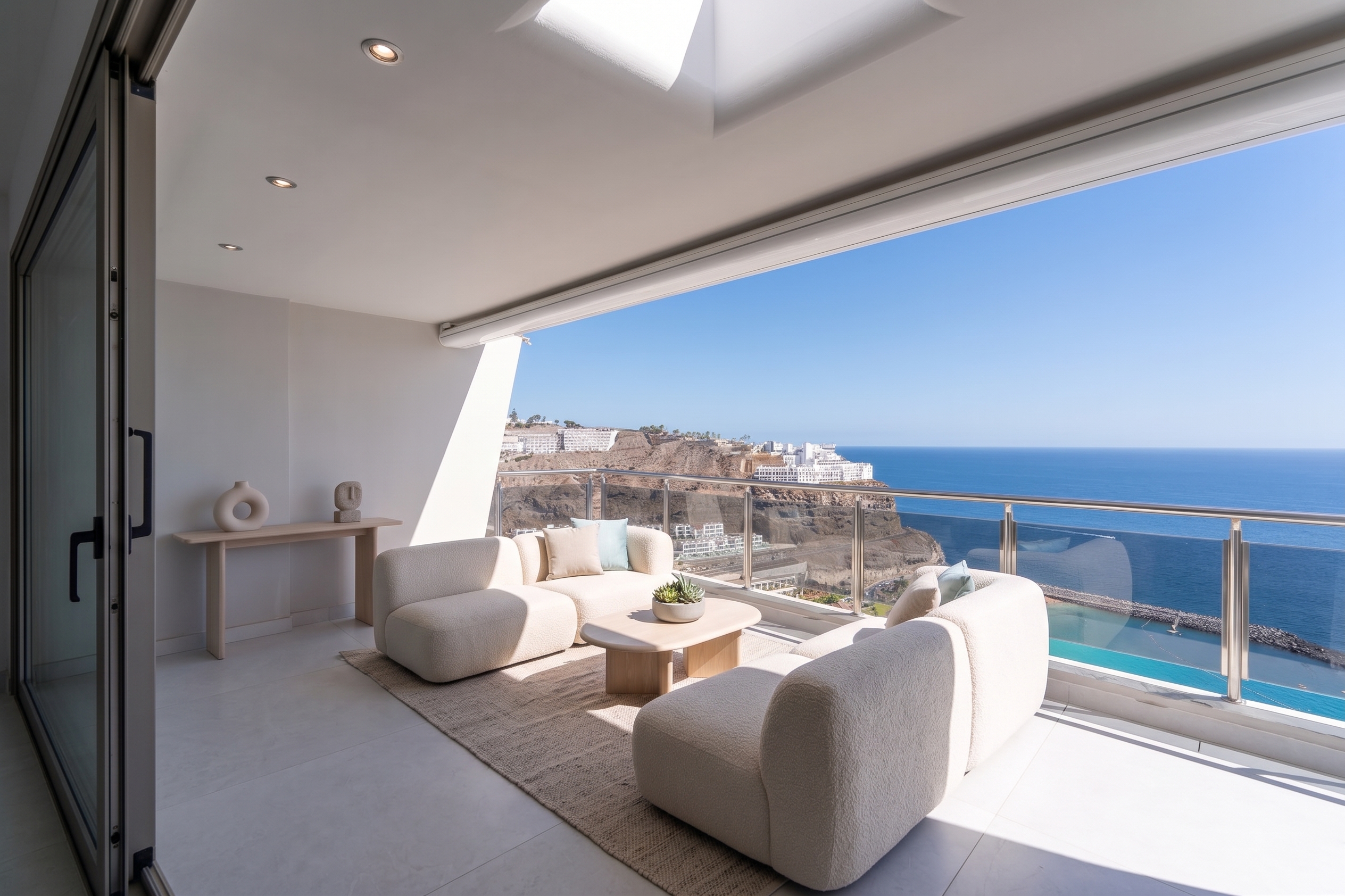 Modern balcony with cream sofas, coffee table, and console table overlooking a coastal cliffside and the blue ocean. [AI-generated text] [Modificat per IA]