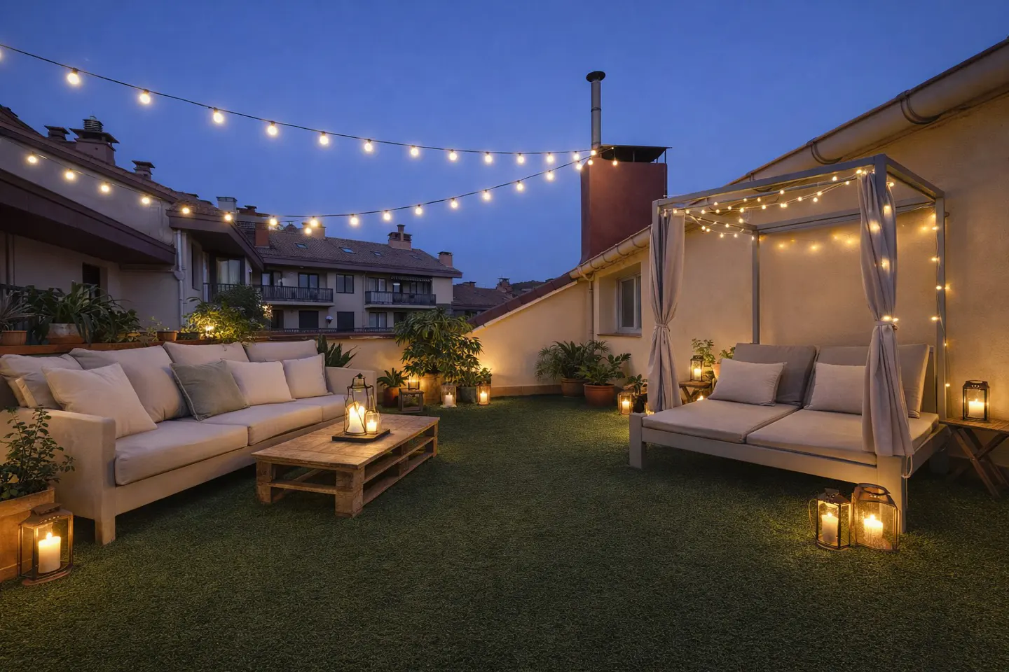 Rooftop patio at dusk with string lights, sofa, pallet table, and daybed with canopy. Candles and plants add ambiance.