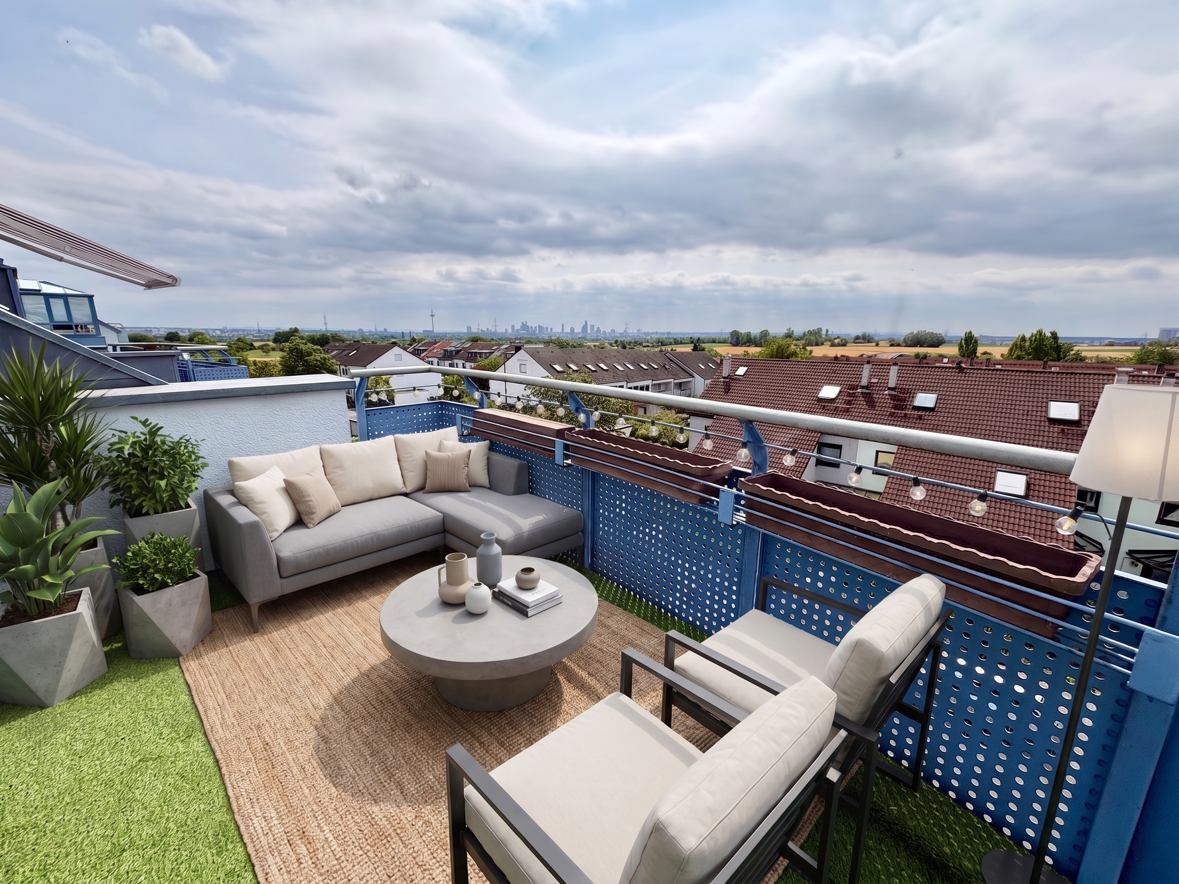 Well-designed 2-room apartment with a south-facing balcony and skyline view [AI-modified]